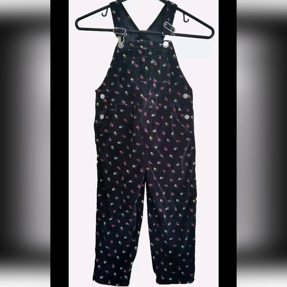 Vintage Gymboree 1998 Black Floral Velveteen Pocket Bib Overalls Size 4-5